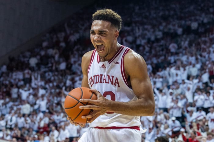 Trayce Jackson-Davis (23) reacts to a basket in the first half against the North Carolina Tar Heels